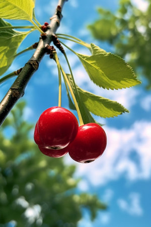 Generative AI : ripe cherry on a green branch with leaves in sunlightの素材