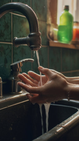 Generative AI : handwashing woman washing hands under a tap waterの素材