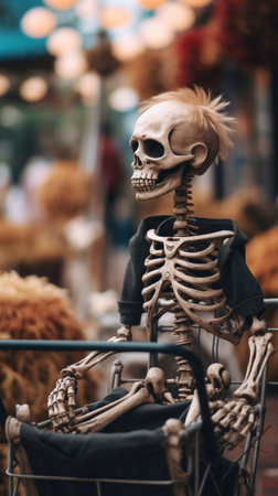 Generative AI : Unrecognizable girl in skeleton costume and with trick or treat basket standing on asphalt path during Halloween celebration in parkの素材