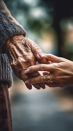 Generative AI : concept of care for older people and pensioners Hands of the old and a young womanの素材