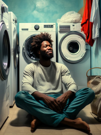 Generative AI : Back view of black boy with curly hair kneeling on floor and putting clothes into washing machine while doing laundry in kitchen at homeの素材