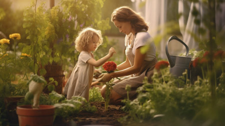 Generative AI : Crop mother in apron doing home gardening with happy daughter while standing near messy table and doing home gardening on weekend day togetherの素材
