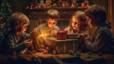 Generative AI : Merry Christmashappy children with magic gift at home near Christmas tree and fireplaceの素材