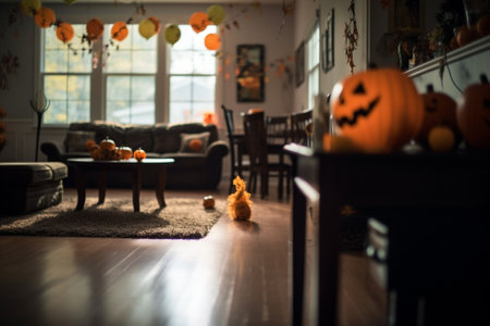 Generative AI : interior of the house decorated with holiday of a halloweenの素材
