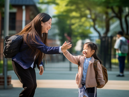 Generative AI : Concept of preventing a coronavirus covid19 and viral infections Mother treats hands for her daughter schoolgirl with a sanitizer before schoolの素材