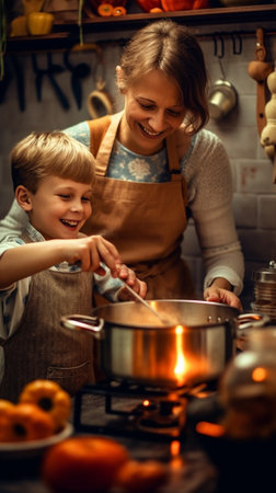 Generative AI : happy family in the kitchen mother and child son preparing the dough bake cookiesの素材