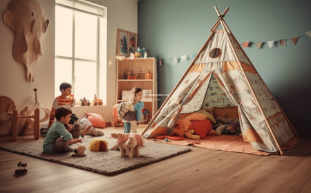 Generative AI : an empty childrens playroom with tent and toy railwayの素材