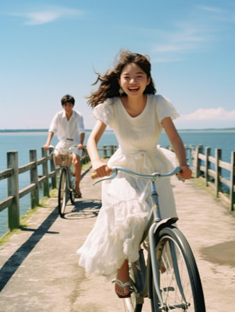 Generative AI : Full body of cheerful family young woman and little daughter in white summer dresses and hats smiling and looking at camera while riding bicycles on pier near seaの素材