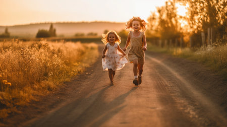 Generative AI : happy children sisters twin girls in white dresses run at sunset in nature in summerの素材