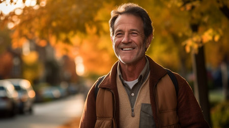 Generative AI : Portrait of happy positive mature man with broad smile in elegant clothes on an autumn walk in city parkの素材