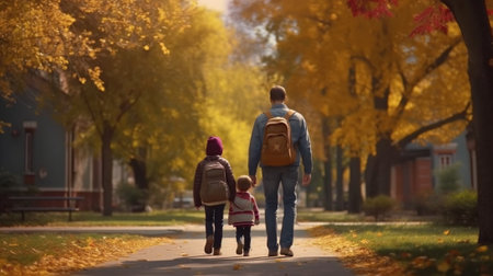 Generative AI : Back view of crop father and son with backpack holding hands while walking to school on blurred background of park togetherの素材