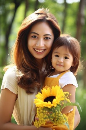 Generative AI : Happy family mother and baby hugging in a meadow yellow flowers on nature in summerの素材