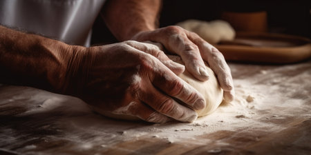 Generative AI : hands of the bakers male knead doughの素材
