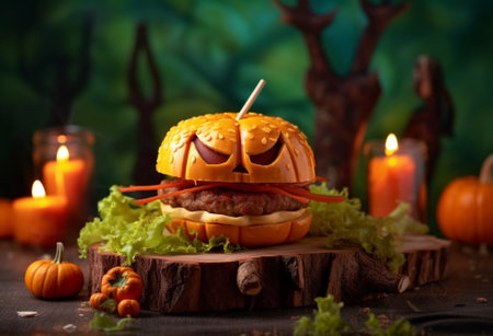 Generative AI : Classic carven spooky jackolantern with big gapetoothed grin in pirate hat standing on wooden table with different handmade halloween decorations and painted pumpkiの素材