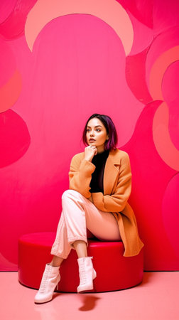 Generative AI : young beautiful emotional girl in pink dress on red backgroundの素材