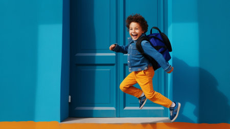 Generative AI : Full body delighted boy in school uniform screaming and leaping up and runing around waving a backpack against blue backdropの素材