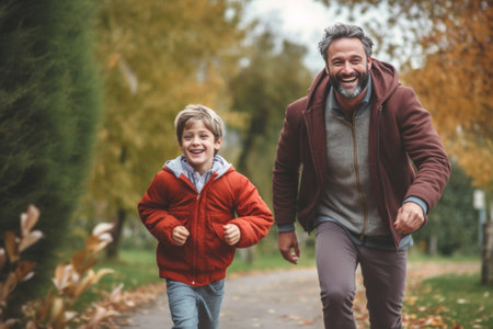 Generative AI : happy family grandfather and grandson hug on autumn walk in parkの素材