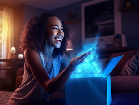 Generative AI : happy woman in a Christmas cap opens the magic box giftの素材