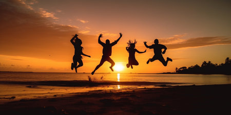 Generative AI : Silhouette of happy people jumping at sunset and seaの素材