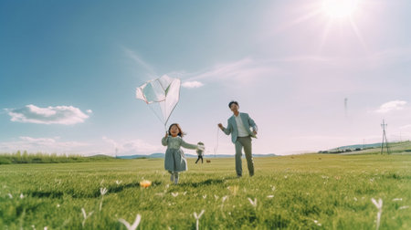Generative AI : happy family mother and child run on meadow with a kite in the summer on the natureの素材