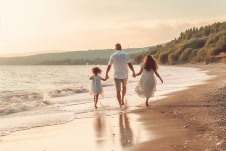 Generative AI : happy family father turns child daughter on the beachの素材