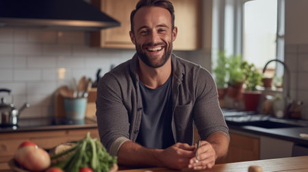 Generative AI : healthy eating happy young man eating salad in the morning in kitchenの素材