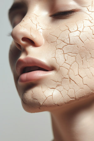 Generative AI : concept of cosmetic effects treatment and skin care face of young woman with dry skinの素材