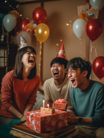 Generative AI : Happy big beautiful family in party hats clapping hands and smiling while celebrating little boys birthday at home cute child feeling excited during blown out candlの素材