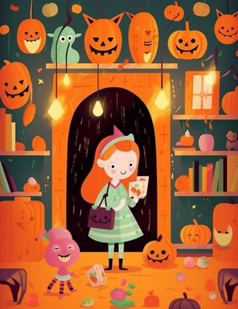 Generative AI : Happy family of mother and children prepare for Halloween pumpkins decorate the homeの素材