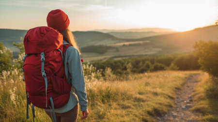 Generative AI : happy woman tourist with a backpack on sunset on natureの素材