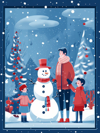 Generative AI : happy family mother and baby look out the window for the winter Christmasの素材