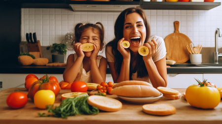 Generative AI : Healthy eating Happy family mother and child girl preparing vegetarian vegetable salad at home in kitchenの素材