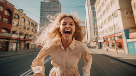 Generative AI : a happy laughing girl on a city walkの素材
