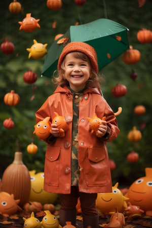 Generative AI : happy child girl with an umbrella and rubber boots on an autumn walkの素材