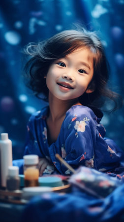 Generative AI : Beautiful funny child girl in curlers doing makeup and laughing on the bedの素材