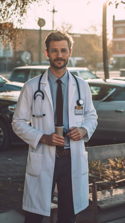 Generative AI : friendly doctor with a stethoscope waiting for patientsの素材