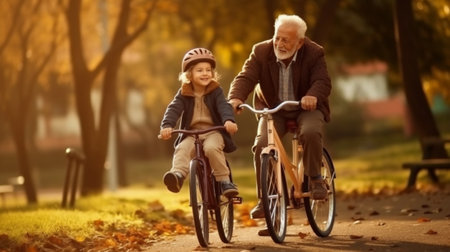 Generative AI : Happy family grandfather teaches boy grandson to ride a bike in autumn park in natureの素材