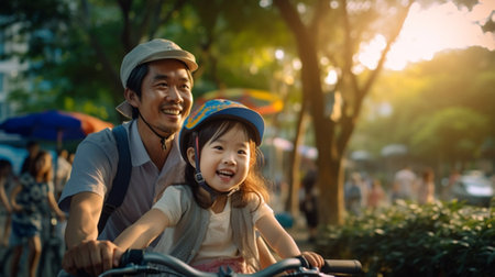 Generative AI : Cheerful young woman with cute little daughter in white dresses and hats smiling and looking at camera while enjoying summer journey and riding bikes in green tropiの素材