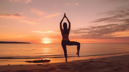 Generative AI : yoga at sunset on the beach woman doing yoga performing asanas and enjoying life on the seaの素材