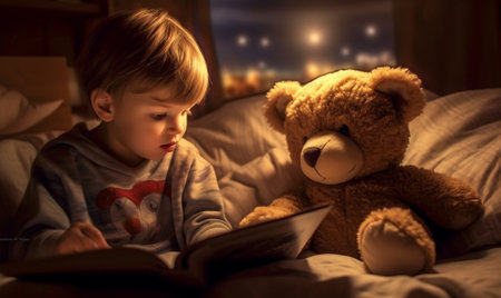 Generative AI : Happy baby reading a book with teddy bear in bed in the darkの素材