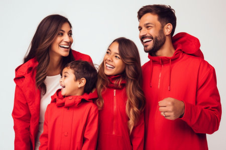 Generative AI : Cheerful parents and kids in similar clothes and red Superhero capes standing together against white wall and looking at cameraの素材