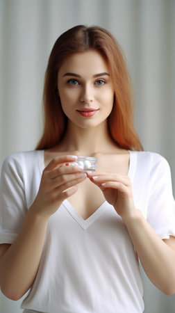Generative AI : Young woman having flu takes pills on a white backgroundの素材