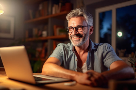 Generative AI : Handsome positive senior man wearing glasses working remotely while sitting on sofa with laptop computer at home happy retired pensioner smiling at camera while leaの素材