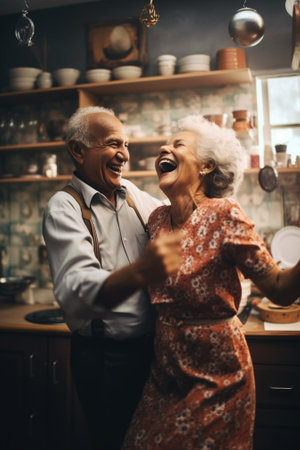 Generative AI : Keep moving Romantic senior family couple wife and husband dancing to music together in living room smiling laughing retired man and woman having fun enjoying freeの素材