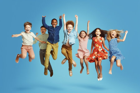 Generative AI : Group of funny excited classmates girls and boys with multicolored backpacks and copybooks having fun enjoying school time together jumping up in air on blue studioの素材