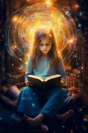 Generative AI : baby girl with magic book on a dark backgroundの素材