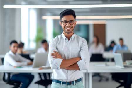 Generative AI : Confident businessman with crossed arms smiling and looking at camera while sitting in office and attending online meetingの素材
