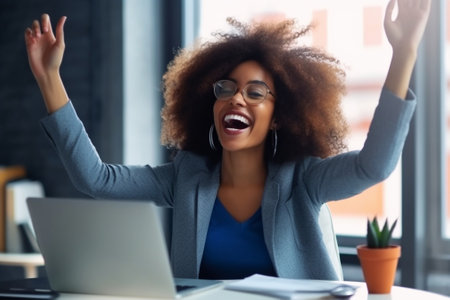 Generative AI : Full length of excited happy afro american woman female student with laptop celebrating success in study raising arms up and laughing while sitting on floor in liviの素材