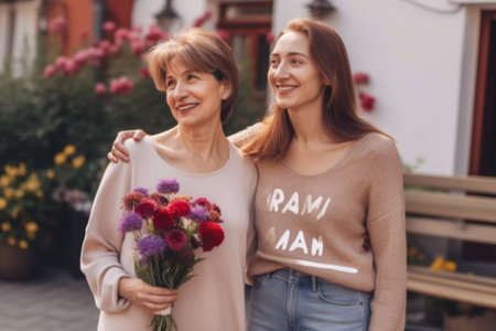 Generative AI : happy mothers day family old grandmother motherinlaw and daughterinlaw daughter congratulate on the holiday give flowersの素材