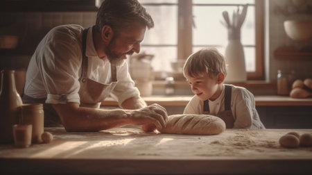Generative AI : Cute little boy in chef hat and apron kneading dough with help of father while preparing pie together in cozy home kitchenの素材